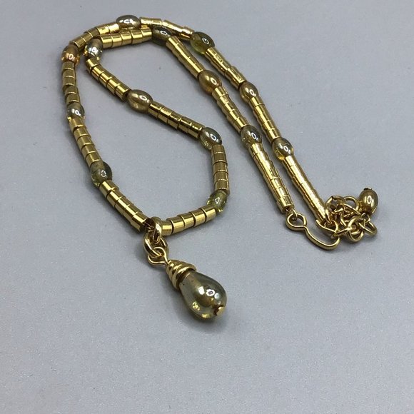 Signed MONET 1990s Gold Tone Necklace Strung On Chain Glass Bead Drop Shaped - Picture 6 of 14